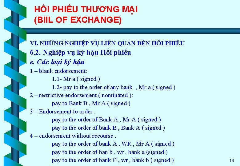 HỐI PHIẾU THƯƠNG MẠI (BIIL OF EXCHANGE) VI. NHỮNG NGHIỆP VỤ LIÊN QUAN ĐẾN