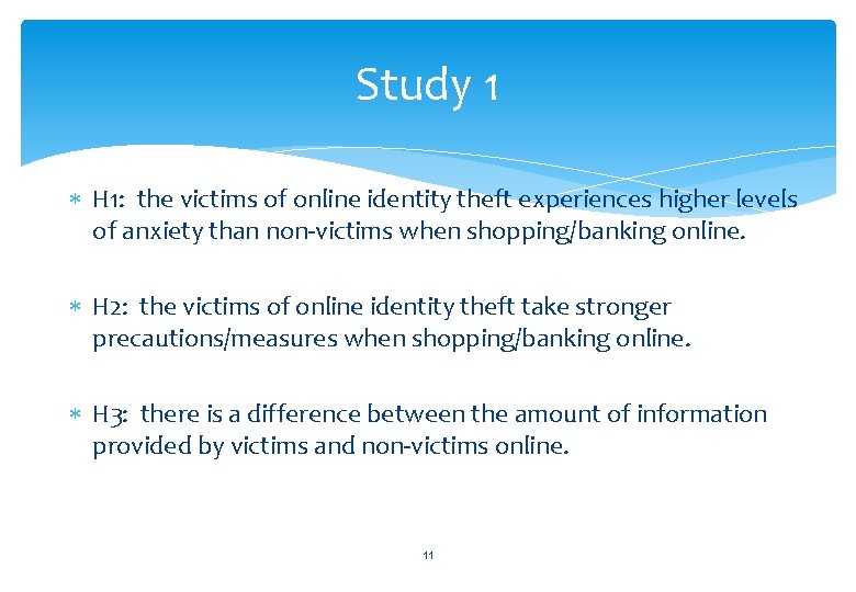 Study 1 H 1: the victims of online identity theft experiences higher levels of