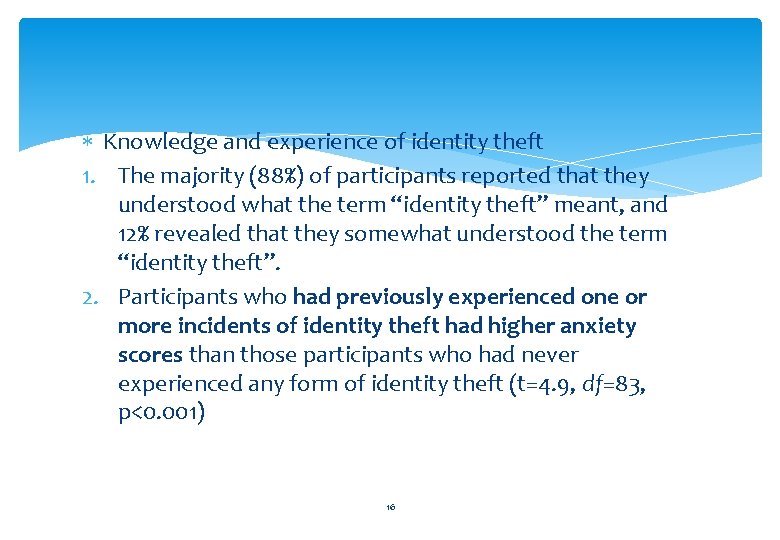  Knowledge and experience of identity theft 1. The majority (88%) of participants reported