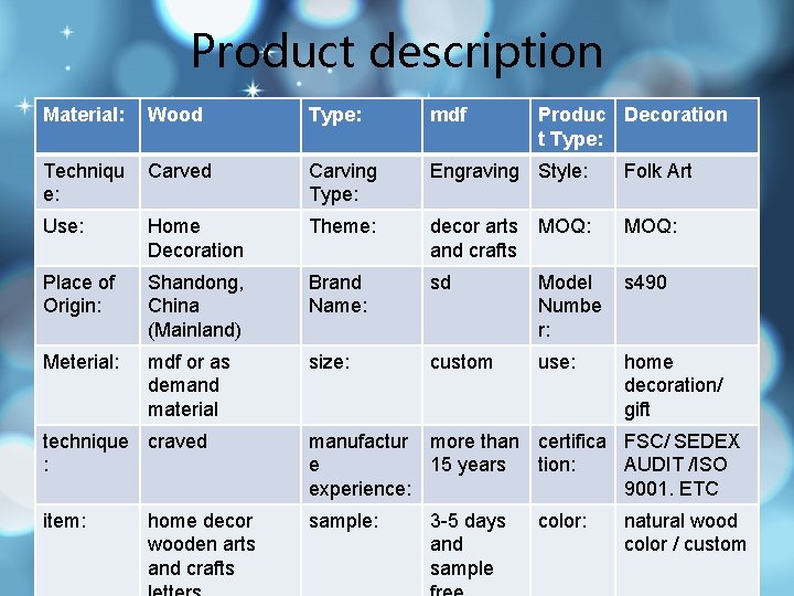 Product description Material: Wood Type: mdf Produc Decoration t Type: Techniqu e: Carved Carving