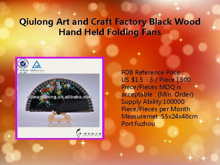 Qiulong Art and Craft Factory Black Wood Hand Held Folding Fans FOB Reference Price：
