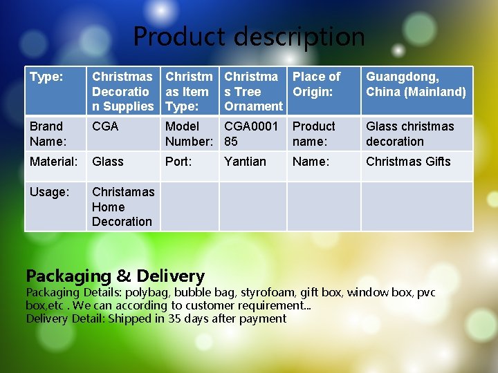 Product description Type: Christmas Christma Place of Decoratio as Item s Tree Origin: n