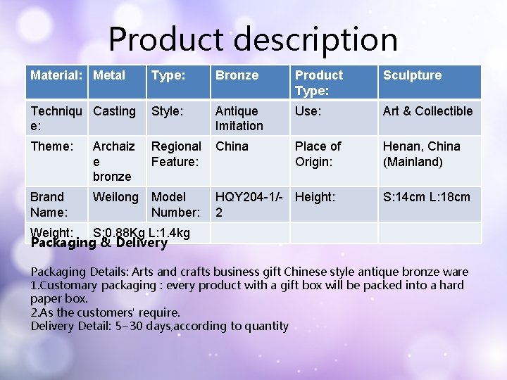 Product description Material: Metal Type: Bronze Product Type: Sculpture Techniqu Casting e: Style: Antique