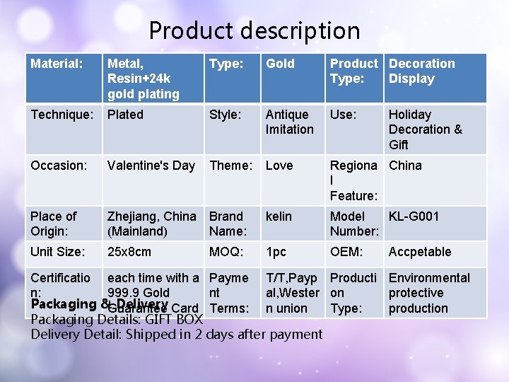 Product description Material: Metal, Resin+24 k gold plating Type: Gold Product Decoration Type: Display