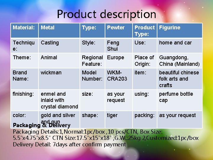 Product description Material: Metal Type: Pewter Product Figurine Type: Techniqu e: Casting Style: Feng