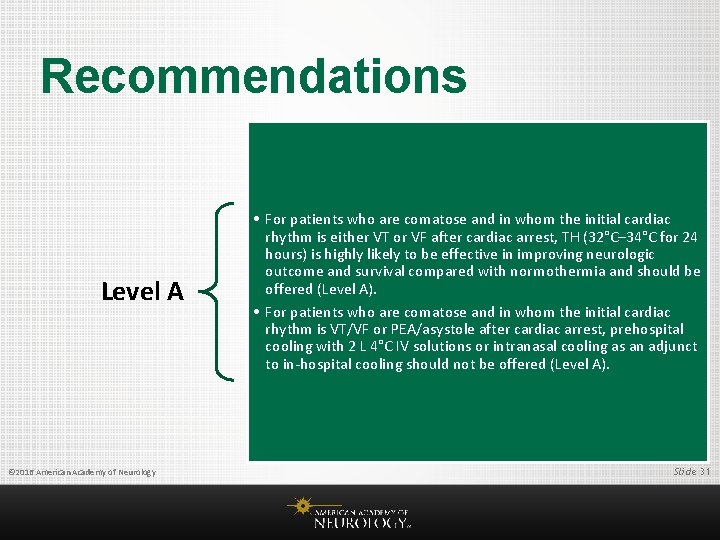Recommendations Level A © 2016 American Academy of Neurology • For patients who are