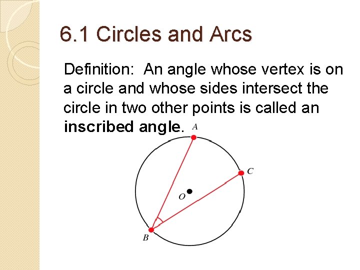 6. 1 Circles and Arcs Definition: An angle whose vertex is on a circle 6. 1 Circles and Arcs Definition: An angle whose vertex is on a circle