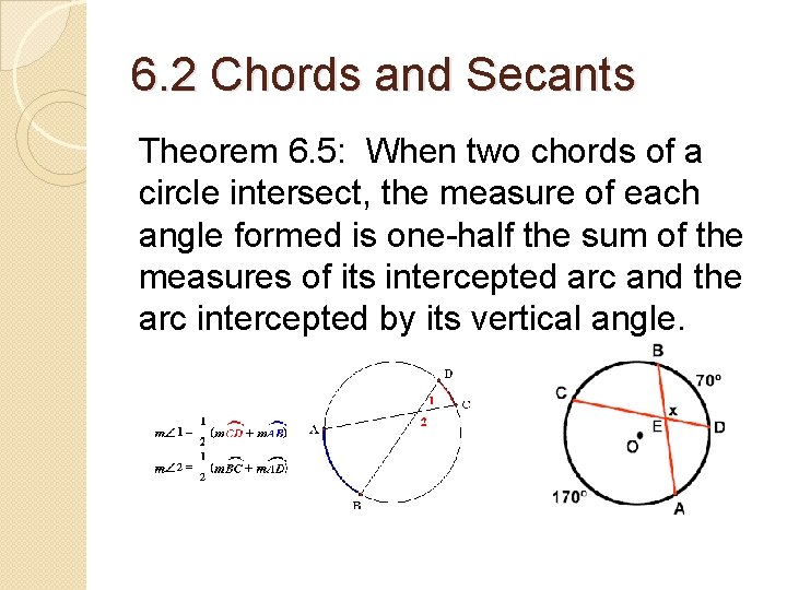 6. 2 Chords and Secants Theorem 6. 5: When two chords of a circle 6. 2 Chords and Secants Theorem 6. 5: When two chords of a circle