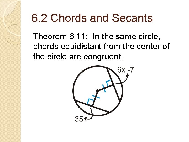 6. 2 Chords and Secants Theorem 6. 11: In the same circle, chords equidistant 6. 2 Chords and Secants Theorem 6. 11: In the same circle, chords equidistant