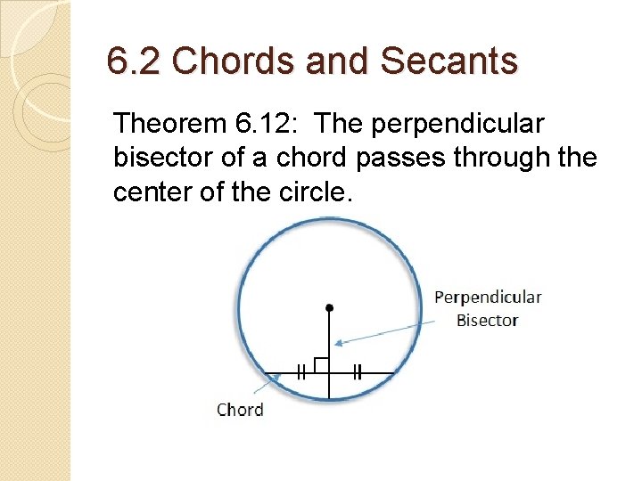 6. 2 Chords and Secants Theorem 6. 12: The perpendicular bisector of a chord 6. 2 Chords and Secants Theorem 6. 12: The perpendicular bisector of a chord