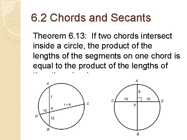 6. 2 Chords and Secants Theorem 6. 13: If two chords intersect inside a 6. 2 Chords and Secants Theorem 6. 13: If two chords intersect inside a