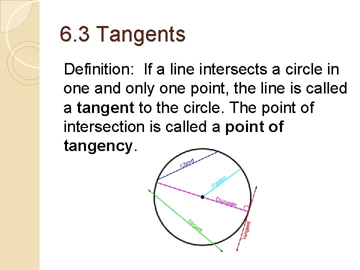 6. 3 Tangents Definition: If a line intersects a circle in one and only 6. 3 Tangents Definition: If a line intersects a circle in one and only