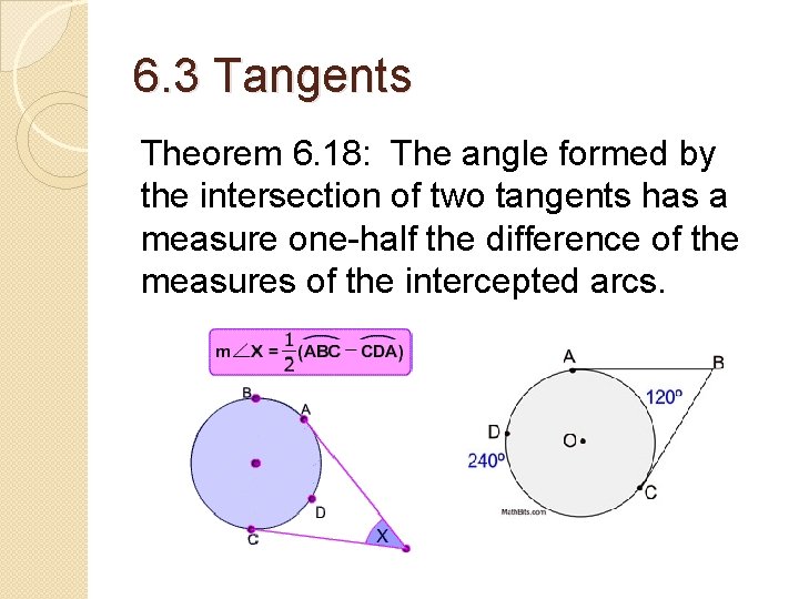 6. 3 Tangents Theorem 6. 18: The angle formed by the intersection of two 6. 3 Tangents Theorem 6. 18: The angle formed by the intersection of two