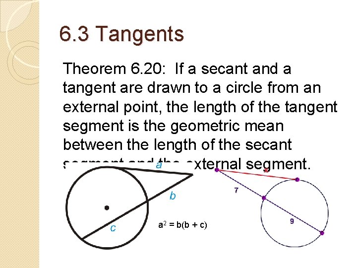 6. 3 Tangents Theorem 6. 20: If a secant and a tangent are drawn 6. 3 Tangents Theorem 6. 20: If a secant and a tangent are drawn