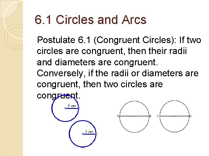 6. 1 Circles and Arcs Postulate 6. 1 (Congruent Circles): If two circles are 6. 1 Circles and Arcs Postulate 6. 1 (Congruent Circles): If two circles are