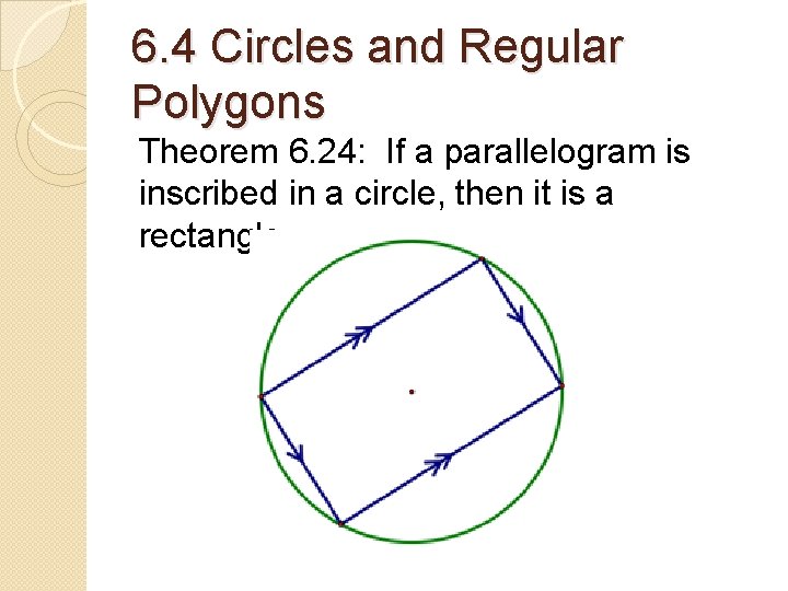 6. 4 Circles and Regular Polygons Theorem 6. 24: If a parallelogram is inscribed 6. 4 Circles and Regular Polygons Theorem 6. 24: If a parallelogram is inscribed