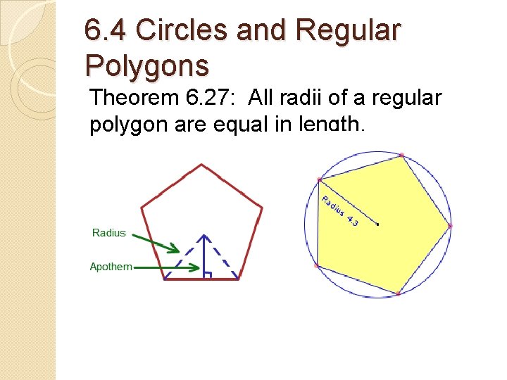 6. 4 Circles and Regular Polygons Theorem 6. 27: All radii of a regular 6. 4 Circles and Regular Polygons Theorem 6. 27: All radii of a regular