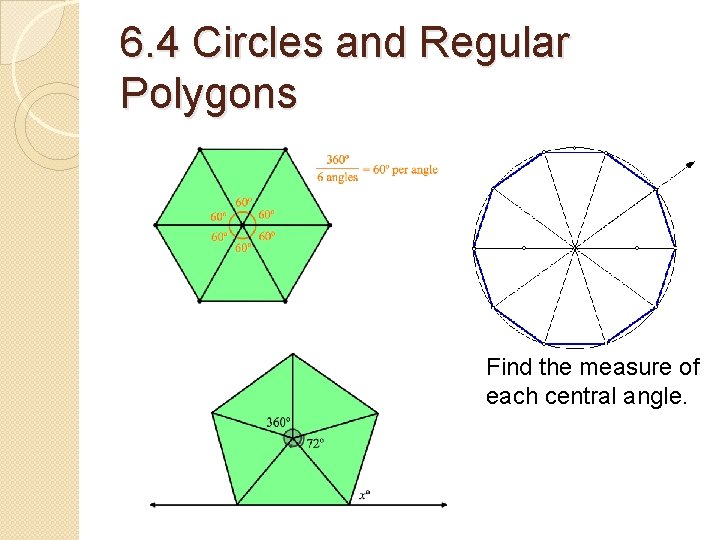 6. 4 Circles and Regular Polygons Find the measure of each central angle. 6. 4 Circles and Regular Polygons Find the measure of each central angle.