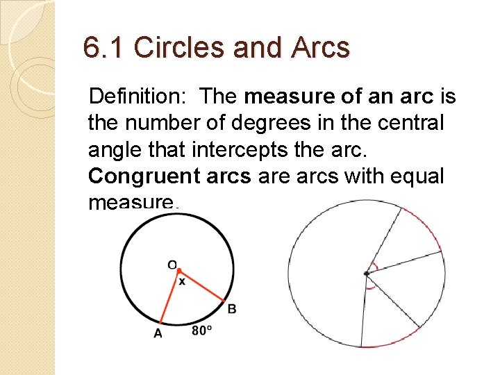 6. 1 Circles and Arcs Definition: The measure of an arc is the number 6. 1 Circles and Arcs Definition: The measure of an arc is the number
