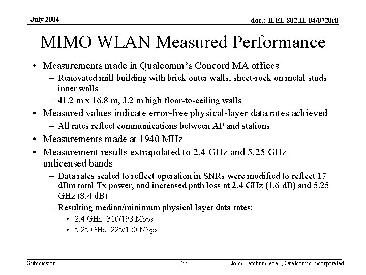 July 2004 doc. : IEEE 802. 11 -04/0720 r 0 MIMO WLAN Measured Performance