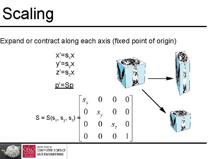 Scaling Expand or contract along each axis (fixed point of origin) x’=sxx y’=syx z’=szx