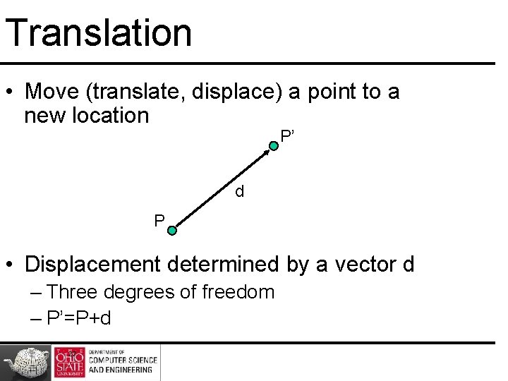 Translation • Move (translate, displace) a point to a new location P’ d P