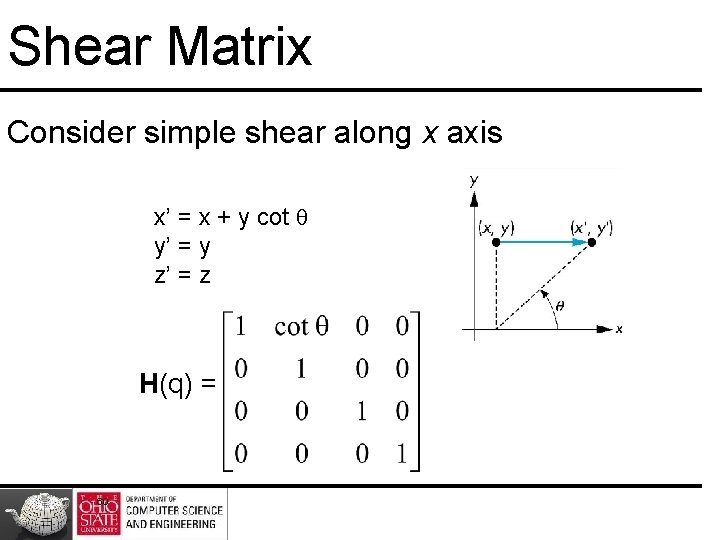 Shear Matrix Consider simple shear along x axis x’ = x + y cot