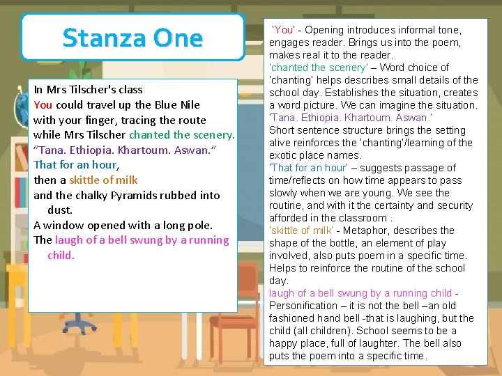 Stanza One In Mrs Tilscher's class You could travel up the Blue Nile with Stanza One In Mrs Tilscher's class You could travel up the Blue Nile with
