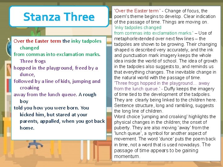 Stanza Three Over the Easter term the inky tadpoles changed from commas into exclamation Stanza Three Over the Easter term the inky tadpoles changed from commas into exclamation