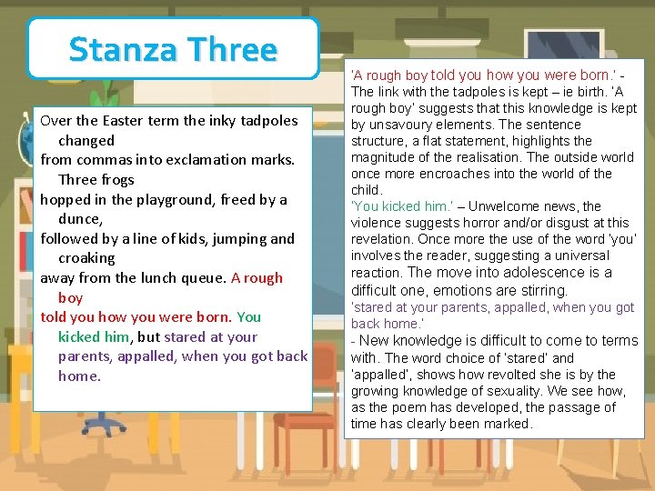Stanza Three Over the Easter term the inky tadpoles changed from commas into exclamation Stanza Three Over the Easter term the inky tadpoles changed from commas into exclamation