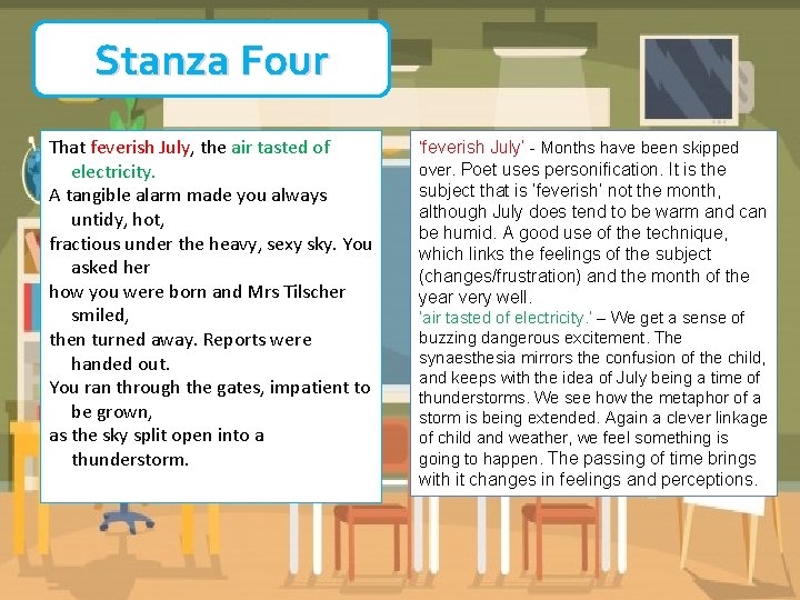 Stanza Four That feverish July, the air tasted of electricity. A tangible alarm made Stanza Four That feverish July, the air tasted of electricity. A tangible alarm made