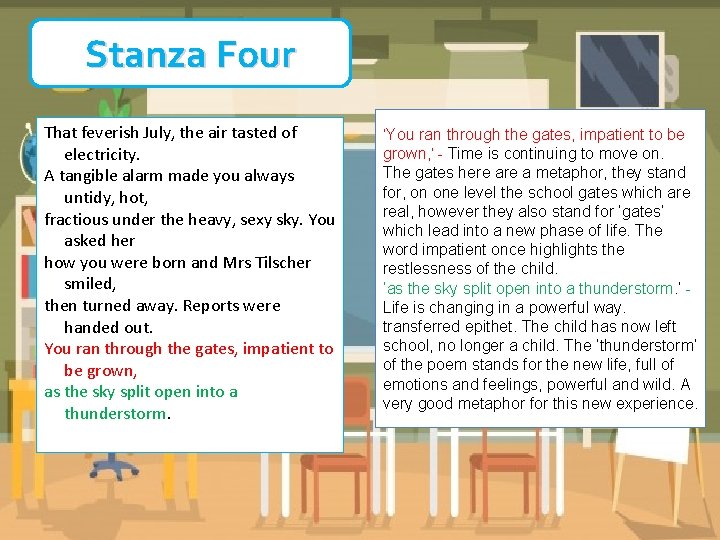 Stanza Four That feverish July, the air tasted of electricity. A tangible alarm made Stanza Four That feverish July, the air tasted of electricity. A tangible alarm made