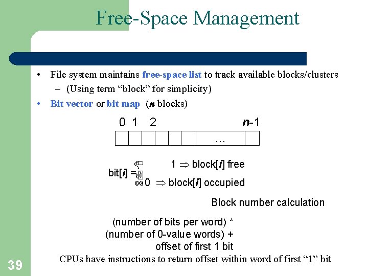 Free-Space Management • File system maintains free-space list to track available blocks/clusters – (Using