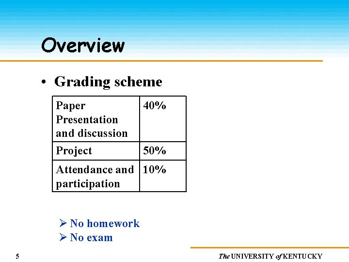 Overview • Grading scheme Paper Presentation and discussion Project 40% 50% Attendance and 10%