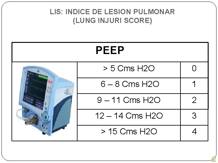 LIS: INDICE DE LESION PULMONAR (LUNG INJURI SCORE) PEEP > 5 Cms H 2