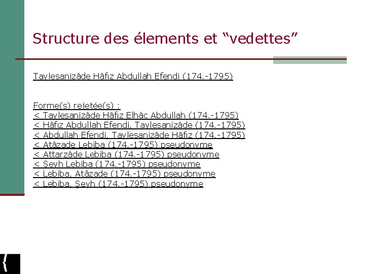 Structure des élements et “vedettes” Taylesanizâde Hâfız Abdullah Efendi (174. -1795) Forme(s) rejetée(s) :