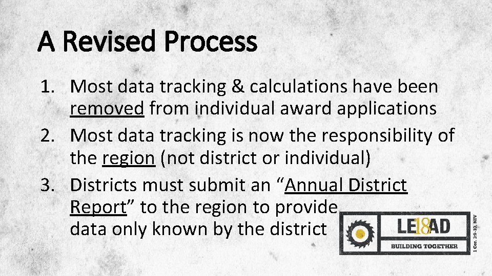 A Revised Process 1. Most data tracking & calculations have been removed from individual