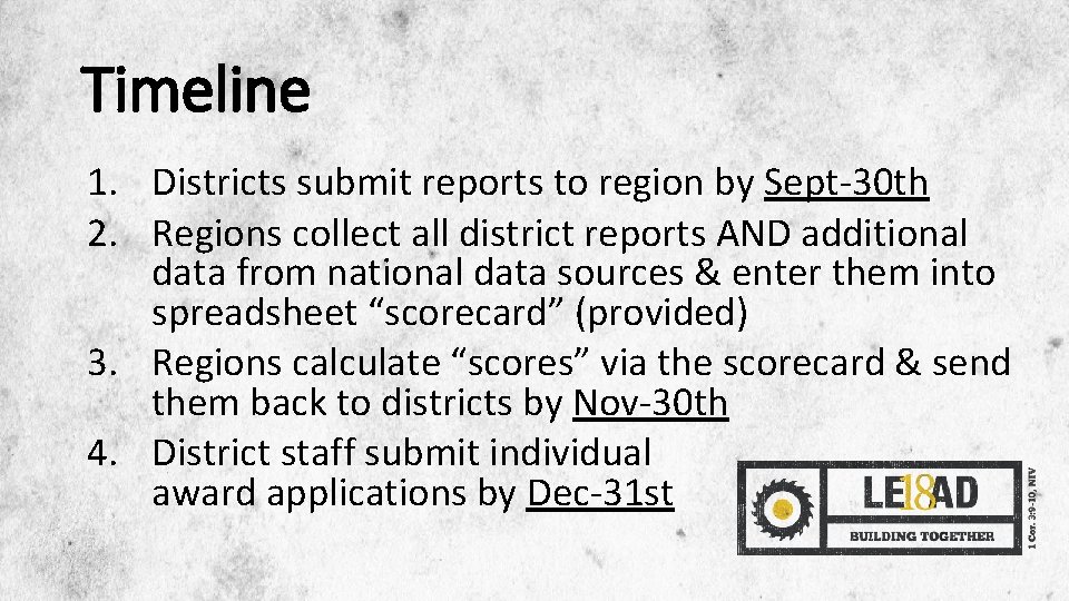 Timeline 1. Districts submit reports to region by Sept-30 th 2. Regions collect all