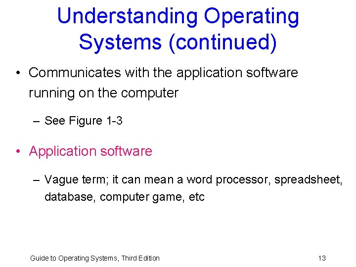 Understanding Operating Systems (continued) • Communicates with the application software running on the computer Understanding Operating Systems (continued) • Communicates with the application software running on the computer