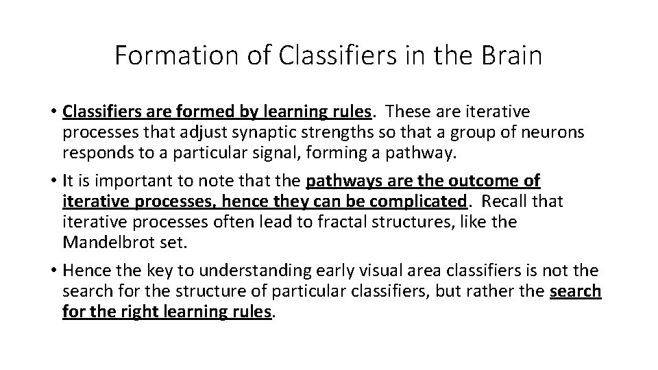 Formation of Classifiers in the Brain • Classifiers are formed by learning rules. These