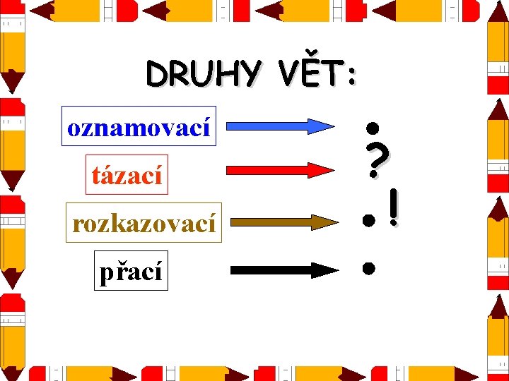 DRUHY VĚT: oznamovací tázací rozkazovací přací ? ! 