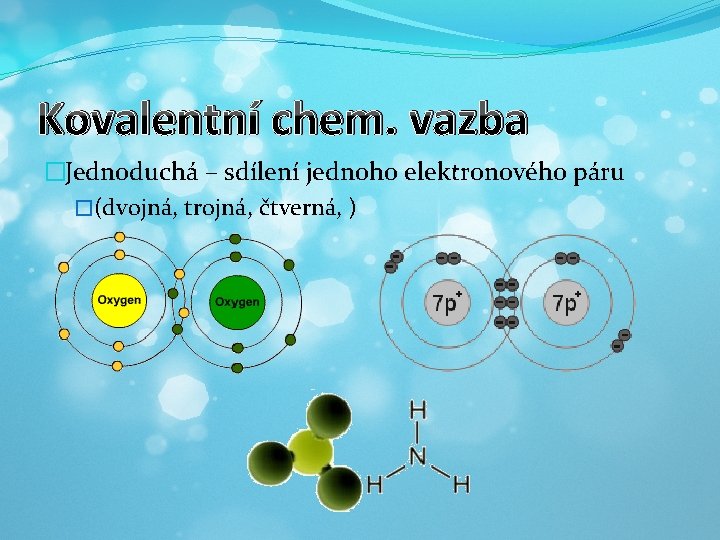 Kovalentní chem. vazba �Jednoduchá – sdílení jednoho elektronového páru �(dvojná, trojná, čtverná, ) 