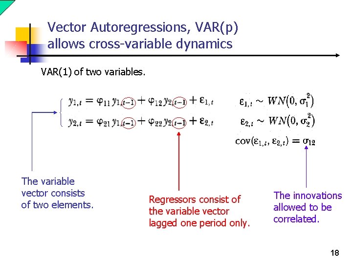 Vector Autoregressions, VAR(p) allows cross-variable dynamics VAR(1) of two variables. The variable vector consists