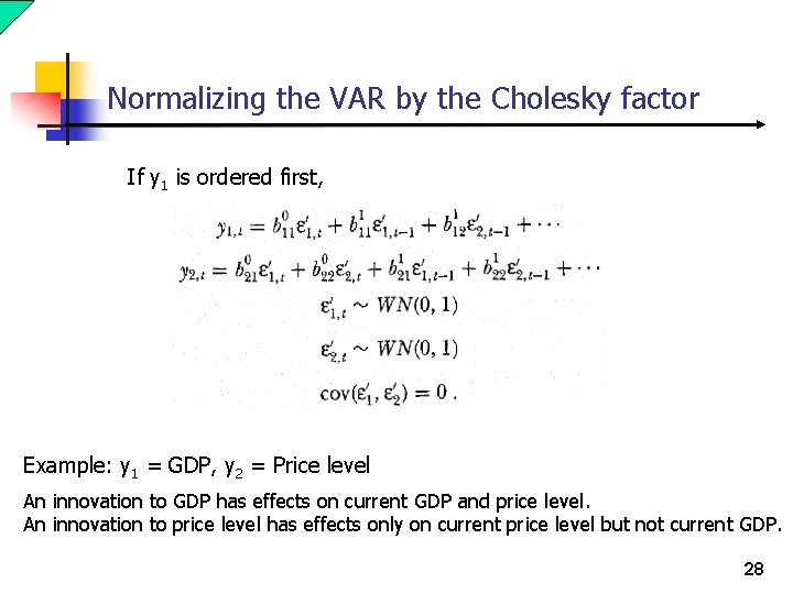 Normalizing the VAR by the Cholesky factor If y 1 is ordered first, Example: