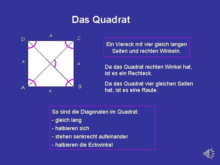 Das Quadrat D a C a a A B a Ein Viereck mit vier