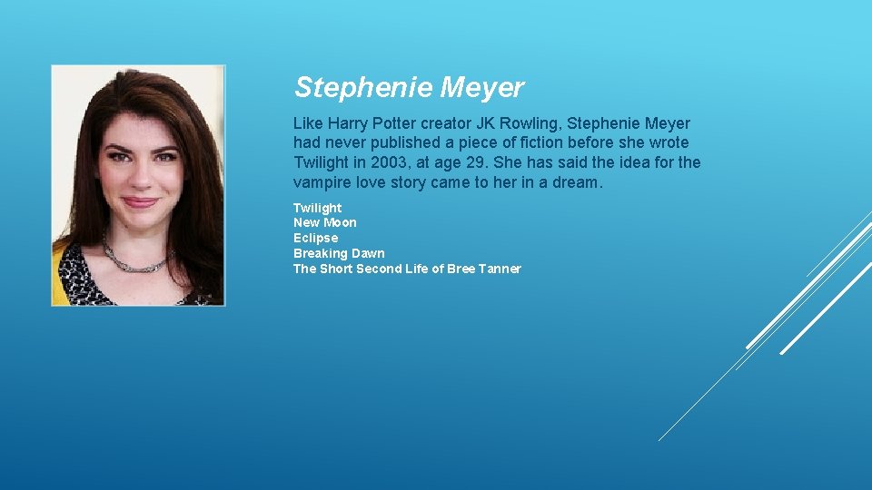 Stephenie Meyer Like Harry Potter creator JK Rowling, Stephenie Meyer had never published a