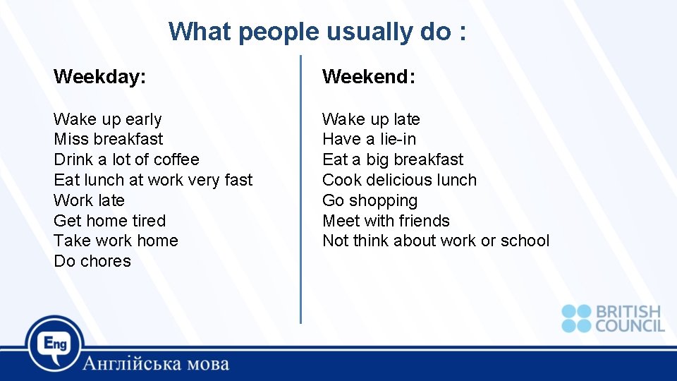What people usually do : Weekday: Weekend: Wake up early Miss breakfast Drink a What people usually do : Weekday: Weekend: Wake up early Miss breakfast Drink a