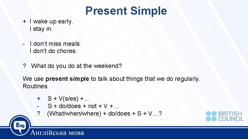 Present Simple + I wake up early. I stay in. - I don’t miss Present Simple + I wake up early. I stay in. - I don’t miss