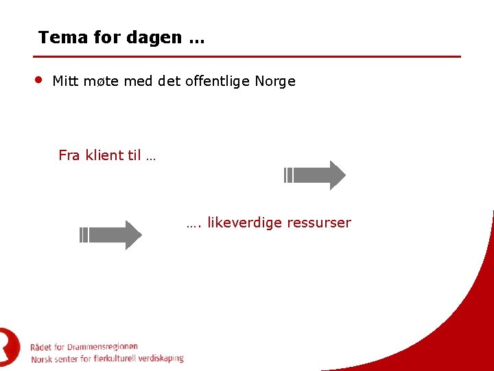 Tema for dagen … • Mitt møte med det offentlige Norge Fra klient til