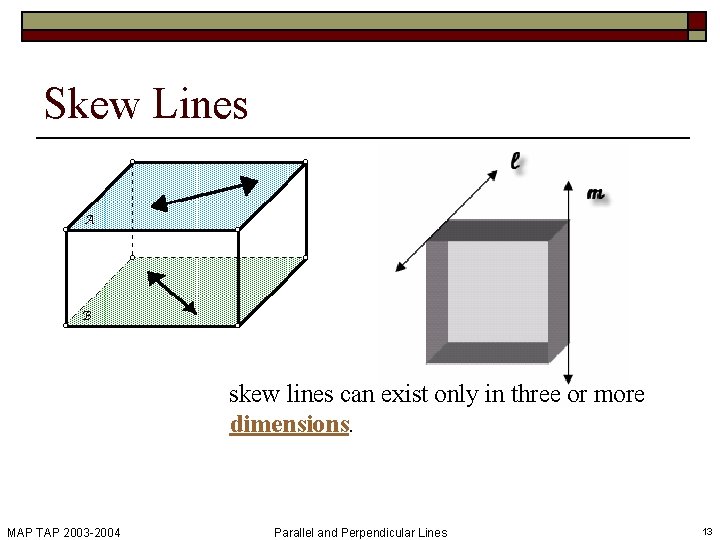 Skew Lines skew lines can exist only in three or more dimensions. MAP TAP